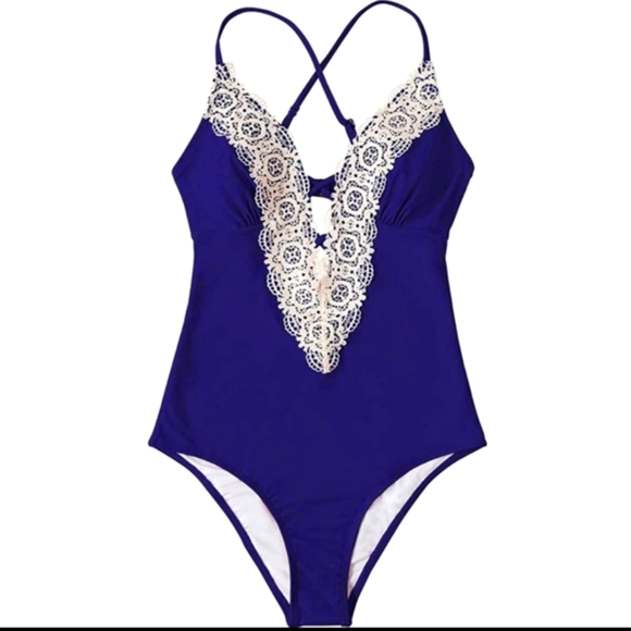 HP CUPSHE vintage XXL Sexy Blue Off White Lace plus size 1piece bathing … - Picture 2 of 9